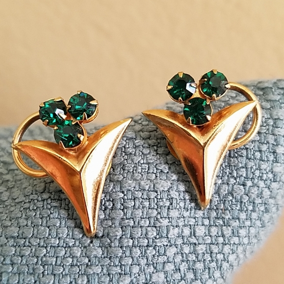 Vintage Jewelry - VINTAGE Gold & Green Bouquet Gorgeous Earrings 💚 Art Deco, Art Nouveau style